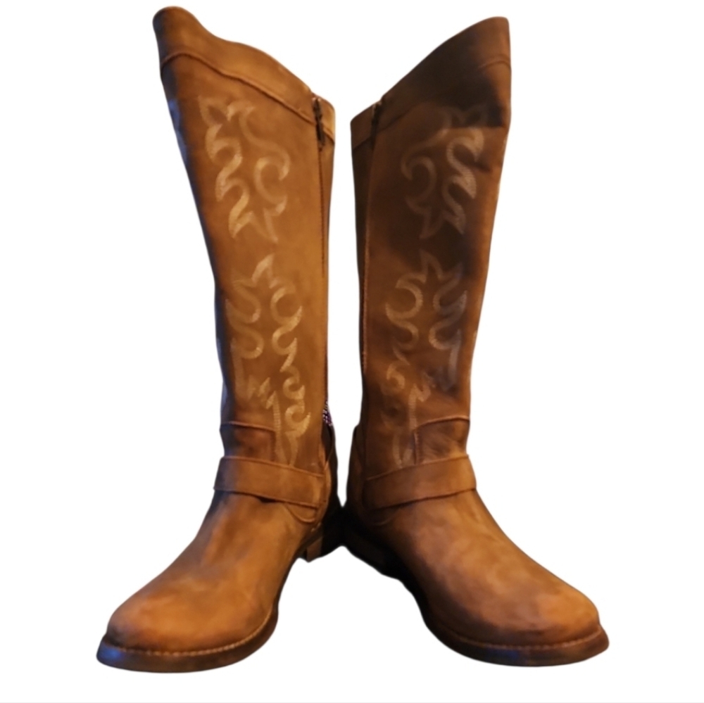 Abilene Women's Rawhide 12" Tall Side Zipper Harness Boot Round Toe 5911 Brown - Picture 5 of 9